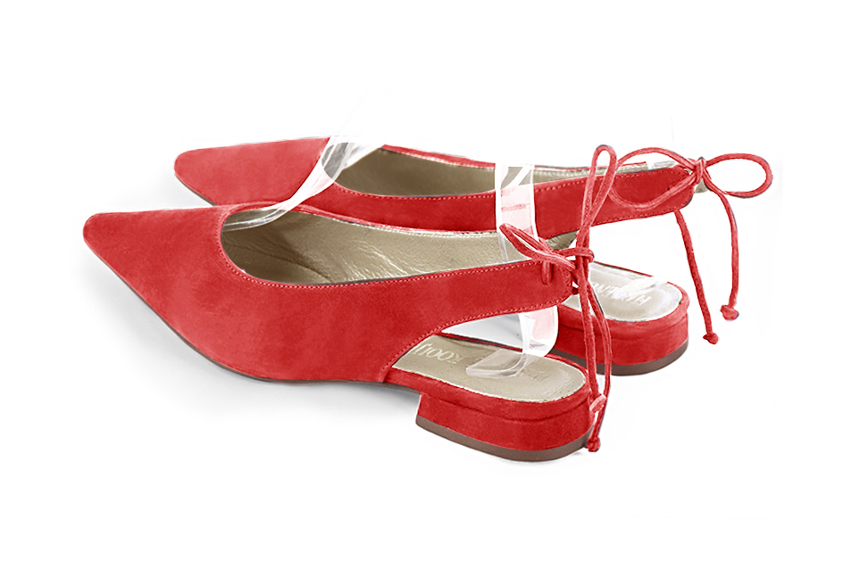 Women's scarlet red elegant slingback heels. Pointed toe. Flat flare heels - Rear view